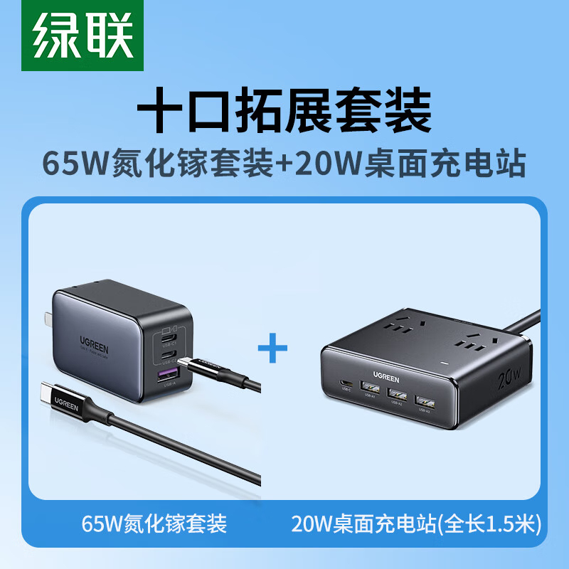 绿联(UGREEN) 氮化镓20W快充插排迷你魔盒+65W快充头+双Type-C数据线1.5米高清大图