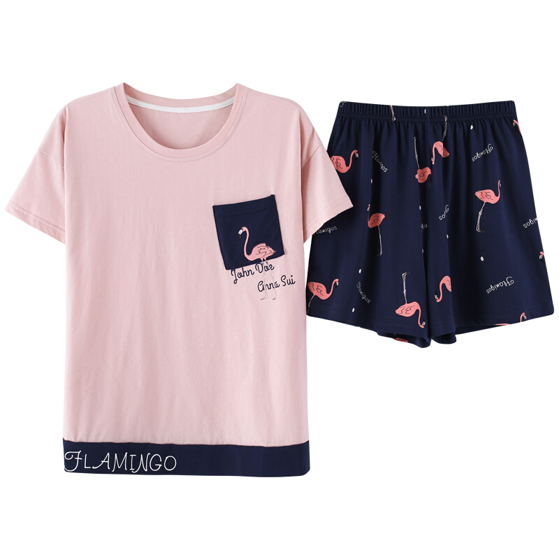 短袖短裤睡衣女夏纯棉宽松韩版可外穿休闲薄款少女学生清新家居服浅蓝