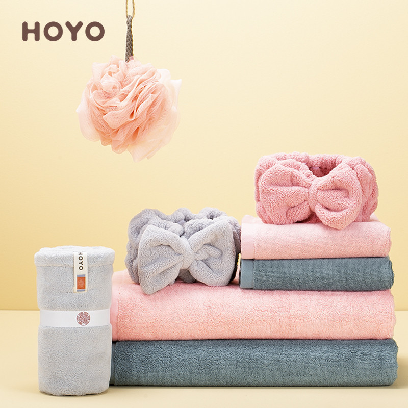 HOYO 芦荟洗护5件套(浴巾+毛巾+干发帽+束发带+浴花)颜色随机7247