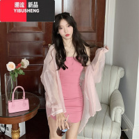 YIBUSHENG辣妹套装连衣裙女2023中长款冰丝衬衫显瘦性感吊带包臀短裙两件Y XL 粉色衬衫单件