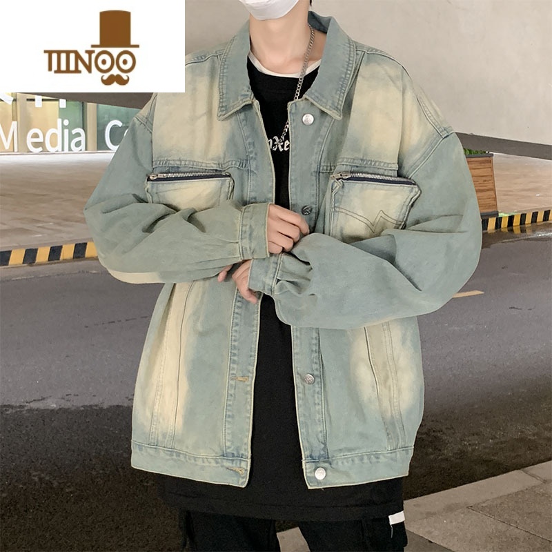 YANXU美式牛仔外套男水洗日系复古休闲潮牌高街痞风立体袋夹克高清大图