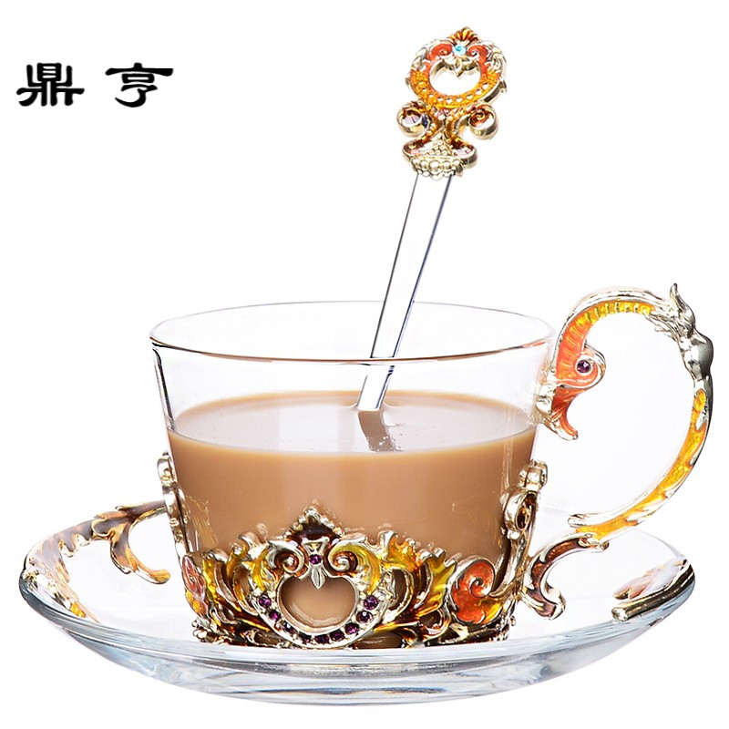 鼎亨珐琅彩咖啡杯欧式茶杯套装欧式创意杯子玻璃咖啡杯套装带碟带