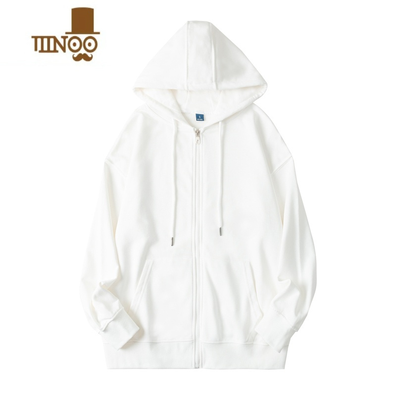 YANXU纯白色310g毛圈布连帽卫衣纯色宽松拉链开衫休闲简约外套男女