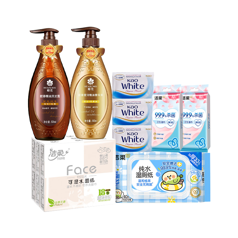 蜂花 BEE & FLOWER /花王/洁柔 洗护发香皂纸巾礼包（1000ml+390g+20包+40片） -LX