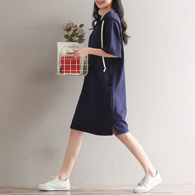 微胖女装大码夏新款森女系文艺宽松百搭连帽短袖中长款卫衣连衣裙