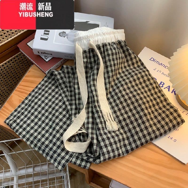 YIBUSHENG美式格子休闲裤女早秋新款垂感高腰百搭直筒长裤宽松显瘦阔腿裤子图片