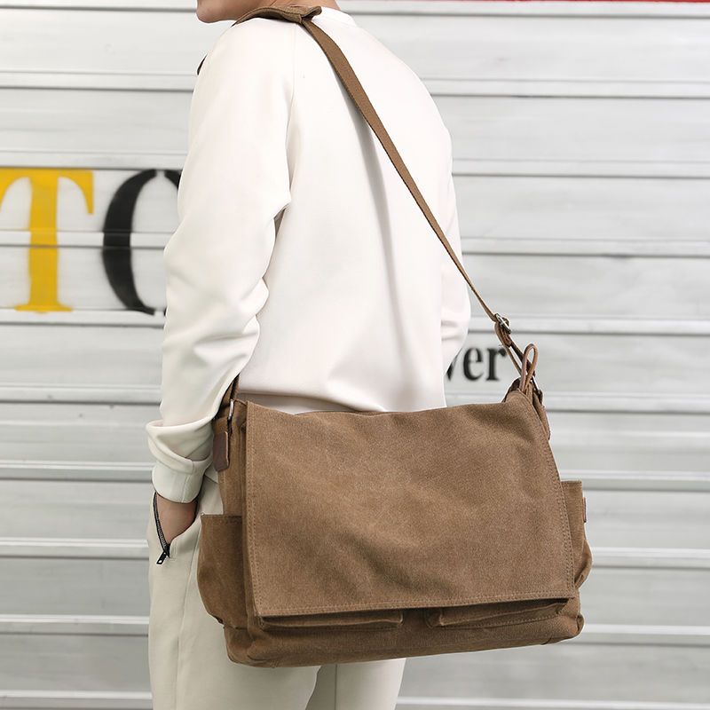 欧美男士帆布包休闲包复古男包商务单肩包斜挎包大容量公文电脑包黑色