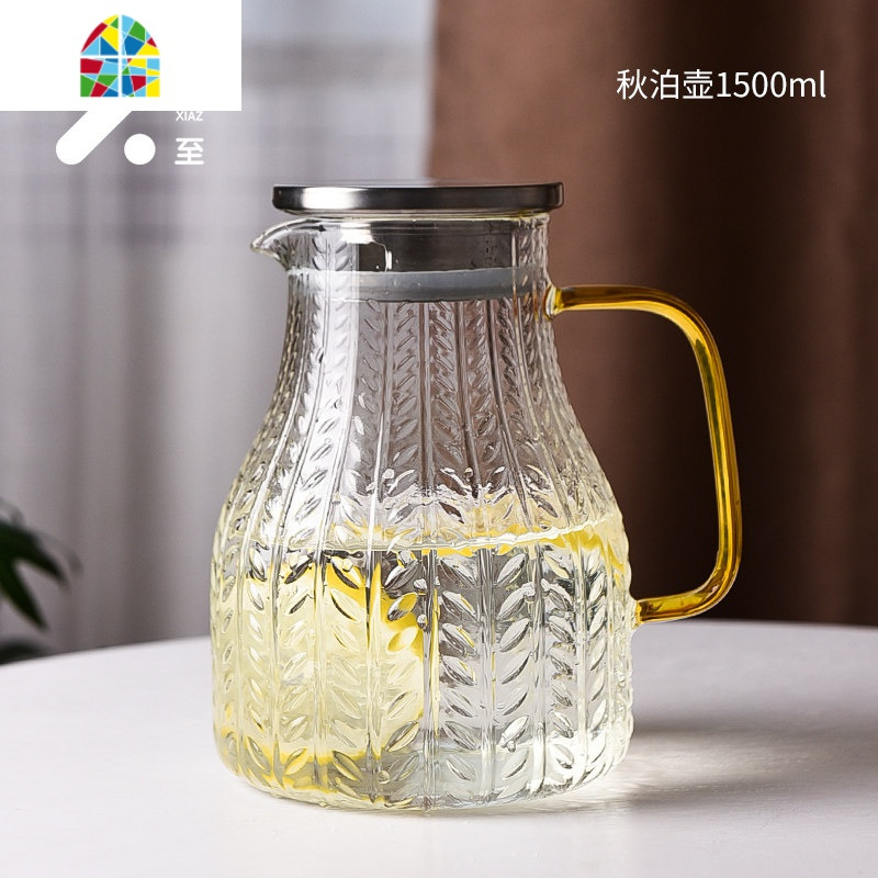 冷水壶凉水杯玻璃水壶可高温凉白开水壶套装加厚耐热北欧创意超大 FENGHOU 秋泉壶1300ml+麦穗圆杯420m凉水壶
