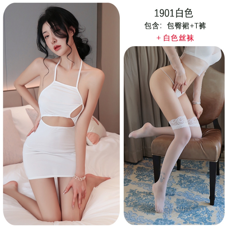 长夜漫漫情趣内衣性感夜店秘书装吊带包臀无袖连衣裙制服诱惑1901 白色+白丝袜 均码(80-130斤)