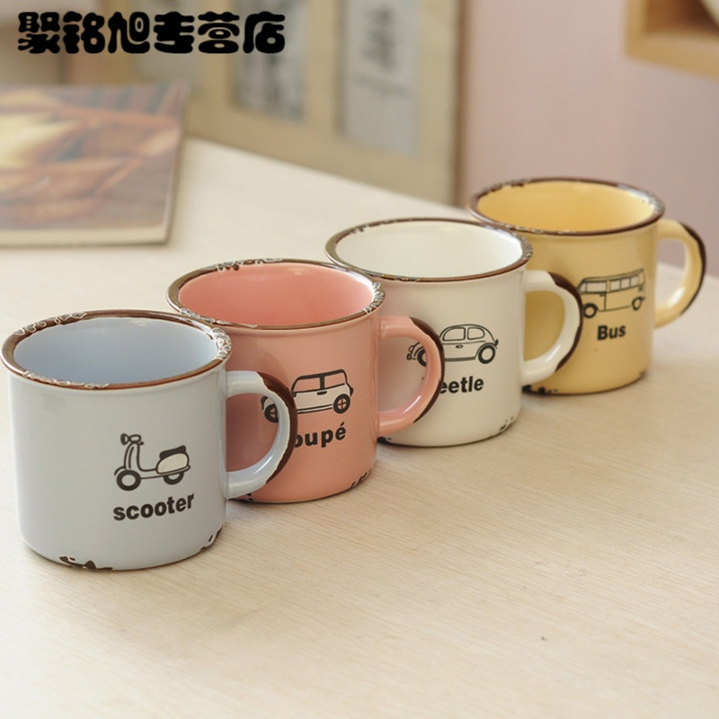 仿搪瓷杯子怀旧创意陶瓷杯子马克杯可爱卡通水杯情侣陶瓷咖啡杯