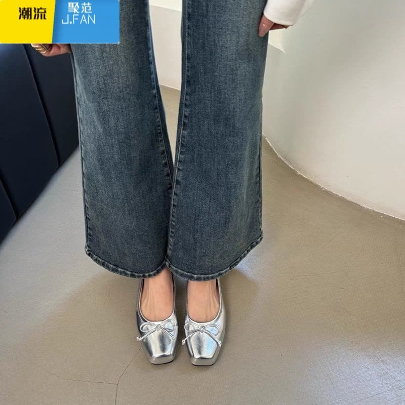 聚范仙女风温柔鞋小皮鞋女2024春季新款方头平底单鞋子银色浅口豆豆鞋图片
