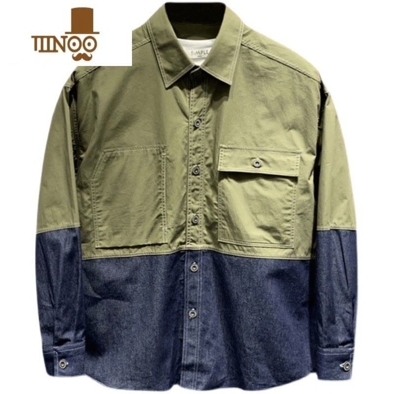 YANXU2023秋季新款男士纯色休闲长袖衬衫牛仔潮流拼接撞色宽松衬衣外套图片