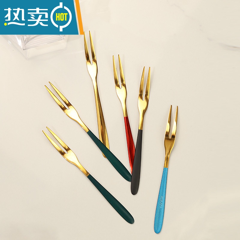 敬平不锈钢304金色水果叉子家用套装高端甜品叉果插果签可爱网红轻奢 七色叉/蓝金/一支装高清大图