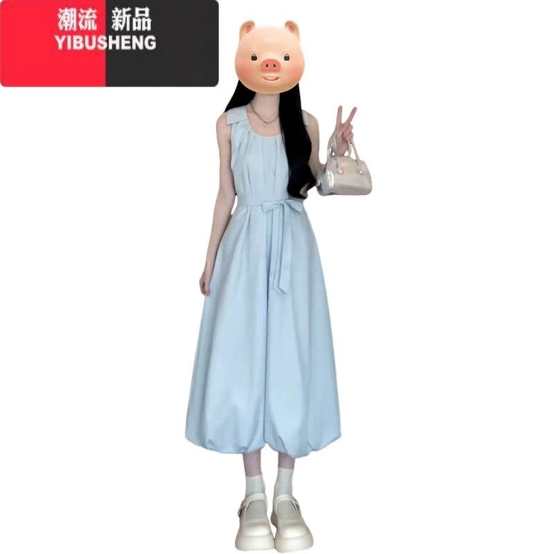 YIBUSHENG蓝色吊带连衣裙子女季2024新款绝美花苞无袖长裙海边度假风沙滩图片