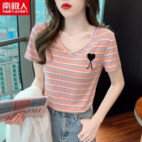 条纹v领短袖T恤女2021新款韩版上衣ins潮洋气气质修身