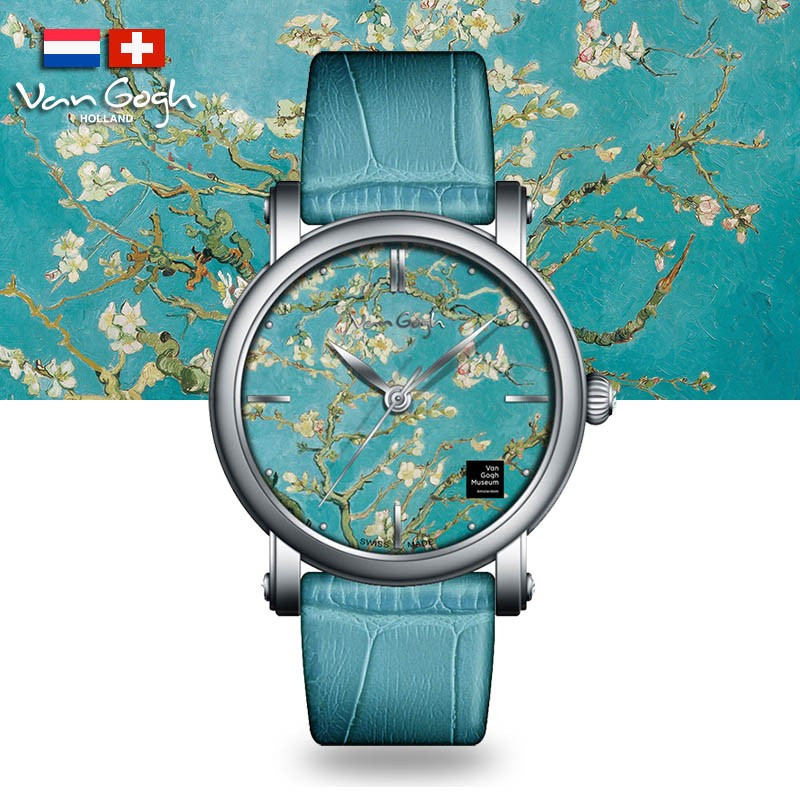 梵高(vangogh)瑞士女士石英手表-盛开的杏树 皮表带lady09