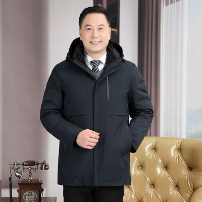 JPDUN中老年羽绒服男活里活面中长款加厚爸爸装外套大码可脱卸内胆冬装 蓝色 XL