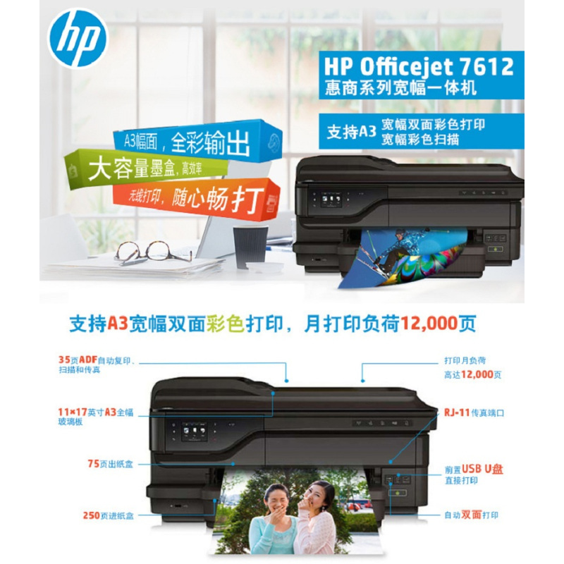 惠普(hp)7612 惠商系列A3宽幅多功能一体机A3打印复印 扫描传真 彩色喷墨 照片打印机