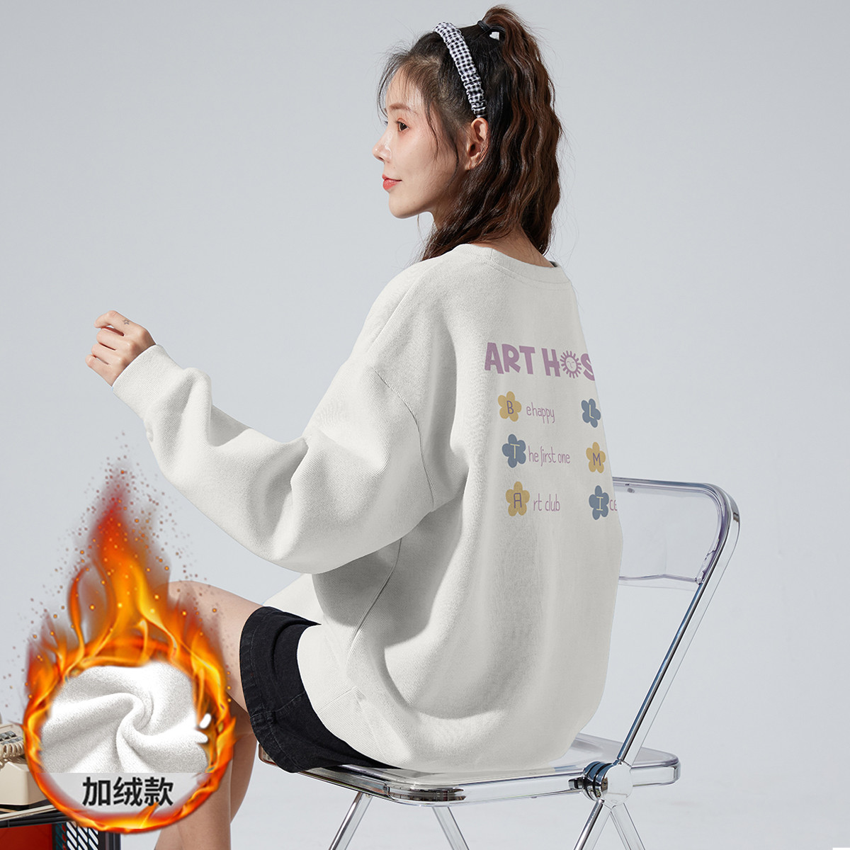 [1.5折价56元]唐狮后背小花印花圆领卫衣女加厚加绒新款韩版时尚减龄长袖外套