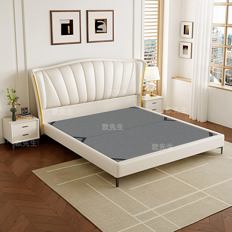 头层牛皮床主卧次卧双人大床实木真皮极简婚床高清大图