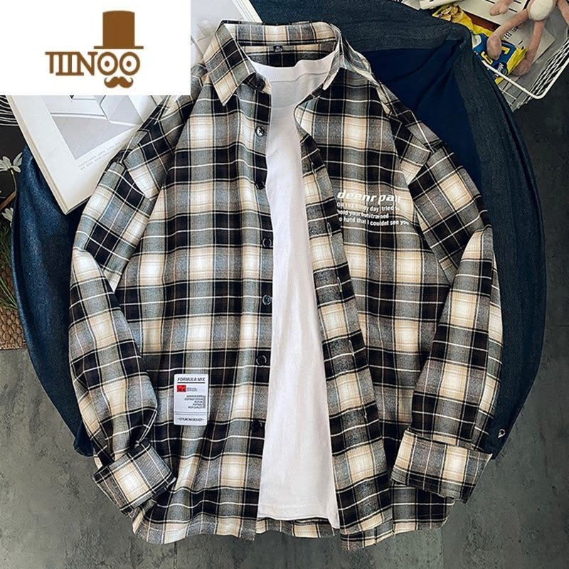 YANXU格子长袖衬衫男款潮牌日系复古衬衣男士休闲宽松百搭寸衫外套图片