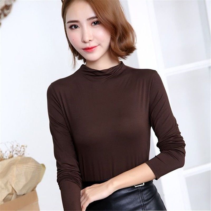 莫代尔t恤秋冬新款修身显瘦薄款百搭95棉t恤女半高领打底衫女长袖
