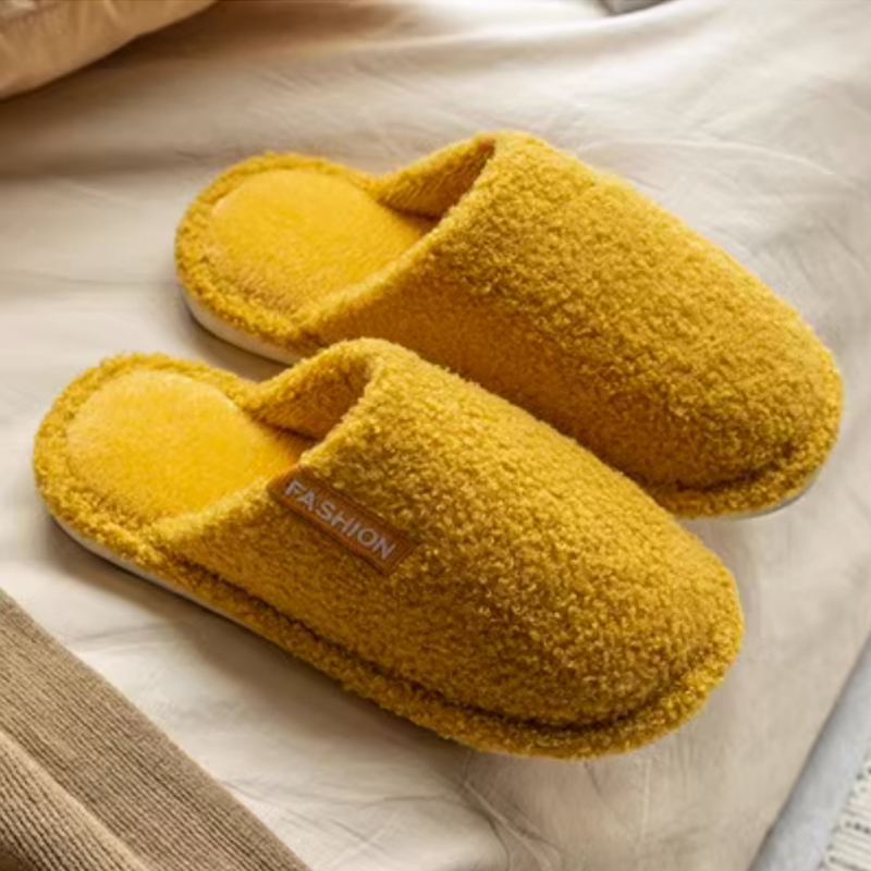 DREHA 情侣秋冬季室内保暖防滑厚底鞋 毛毛拖鞋 38-39(适合37-38的脚穿 )黄色