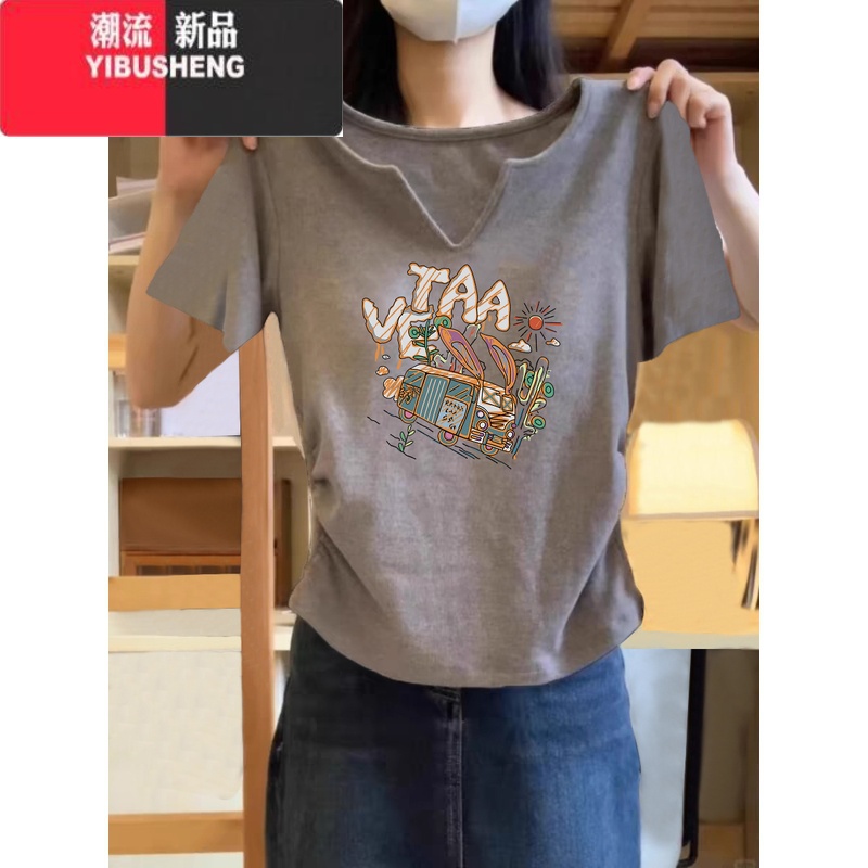 YIBUSHENG正肩独特v领短袖t恤女季设计感韩系掐腰褶皱减龄百搭上衣潮高清大图