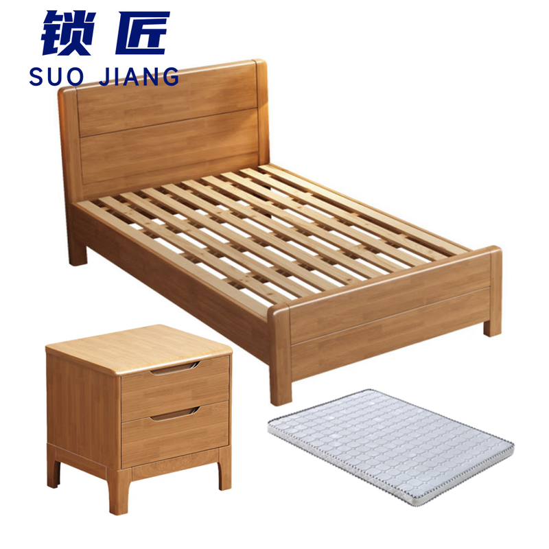 锁匠 实木床+床垫+床头柜高清大图