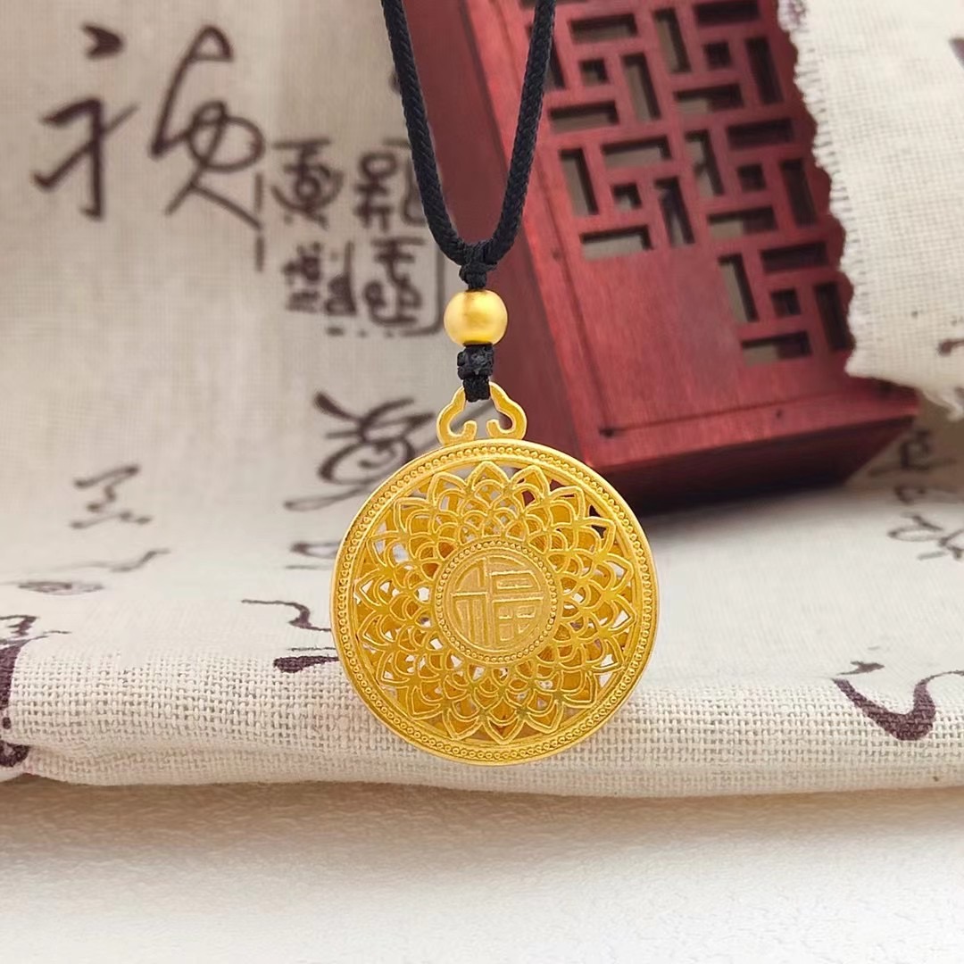 金店同款新款古法沙金吉祥八宝罗盘吊坠项链女镀金仿金项链毛衣链