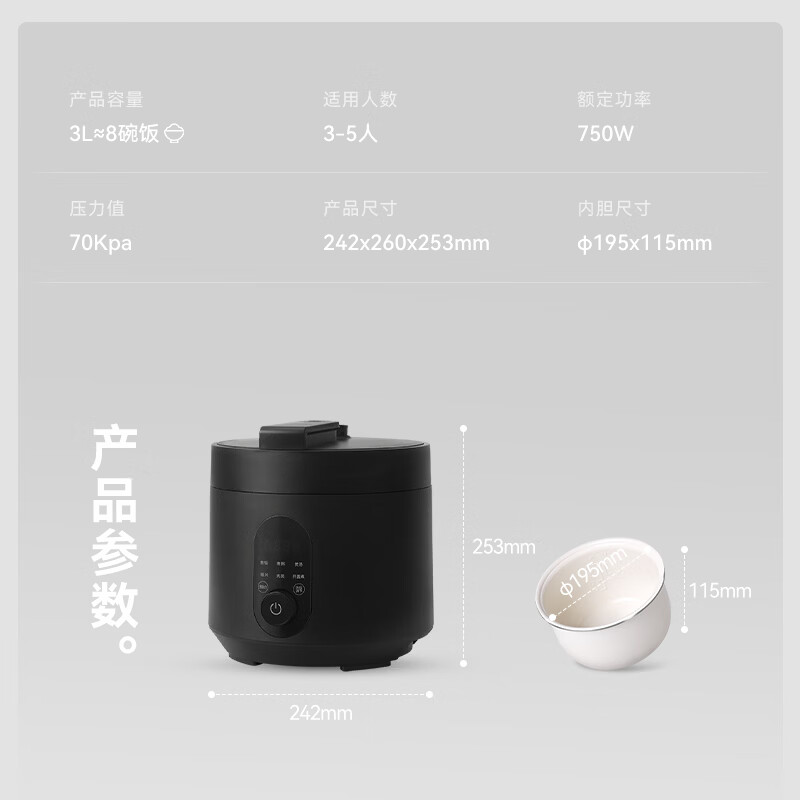 OLAYKS 立时电压力锅 3L 触摸控制 砂岩黑 单胆设计 家庭实用烹饪神器高清大图