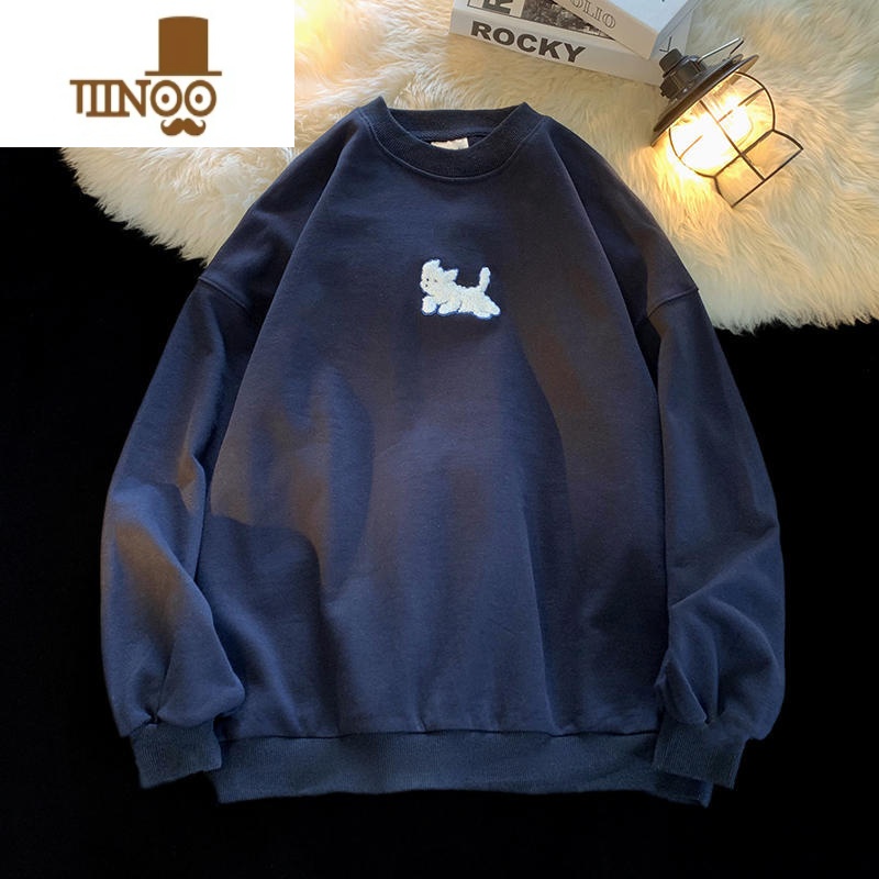 YANXU韩版潮牌植绒卫衣男秋季宽松简约圆领套头衫港风中性情侣无帽外套