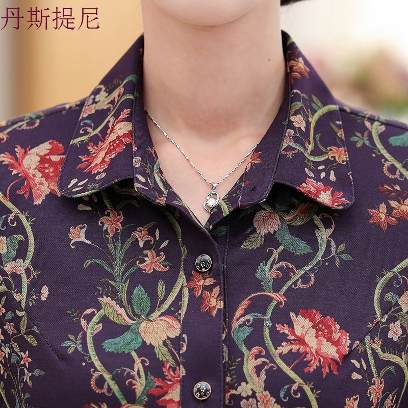 中年女长袖上衣2018秋季妈妈新款印花衬衣短款中老年女装春秋衬衫