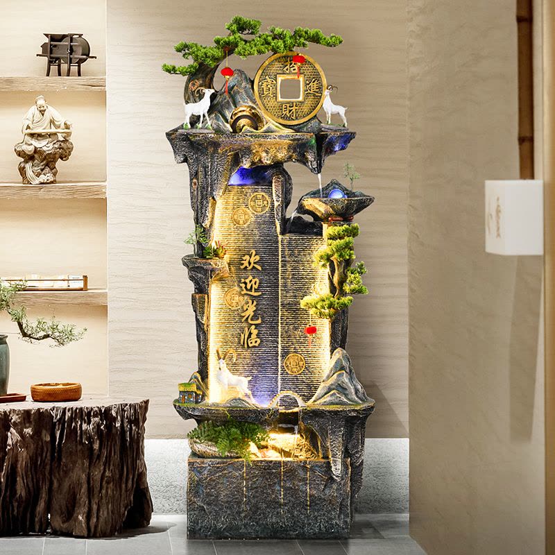客厅水幕墙鱼缸假山喷泉办公室招财高山流水摆件循环水系景观落地图片