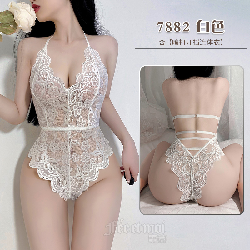 霏慕女式情趣睡衣性感服装情趣内衣制服蕾丝挂脖露背暗扣开档连体衣7882 7882白色【暗扣可开裆连体衣】 L
