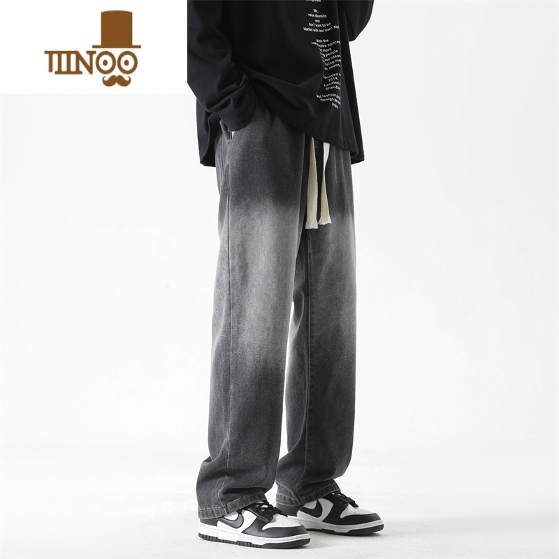 YANXU黑灰色美式高街复古渐变牛仔裤男士潮牌夏款直筒阔腿长裤子高清大图