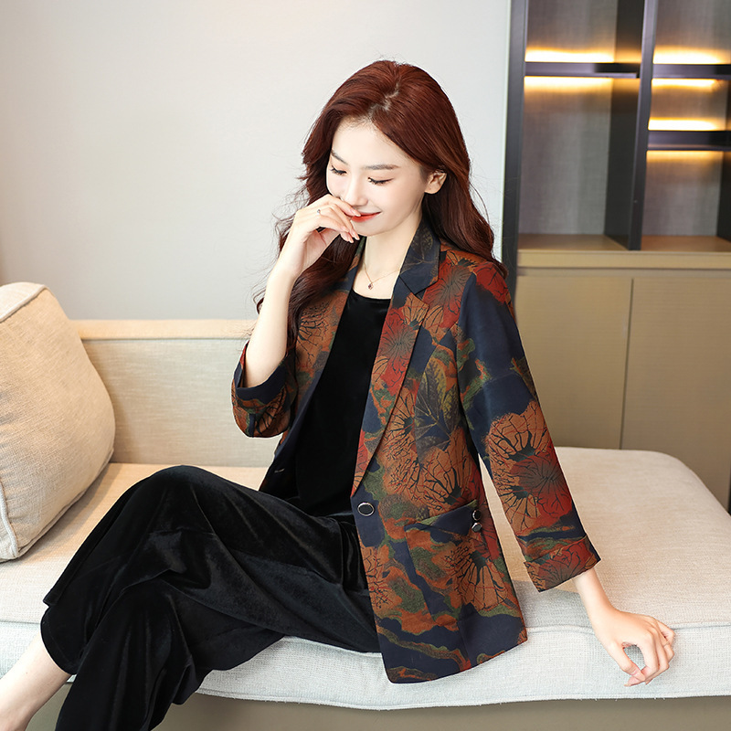 妈妈装秋装洋气印花西装外套女韩版小西服中老年通勤风外套上衣