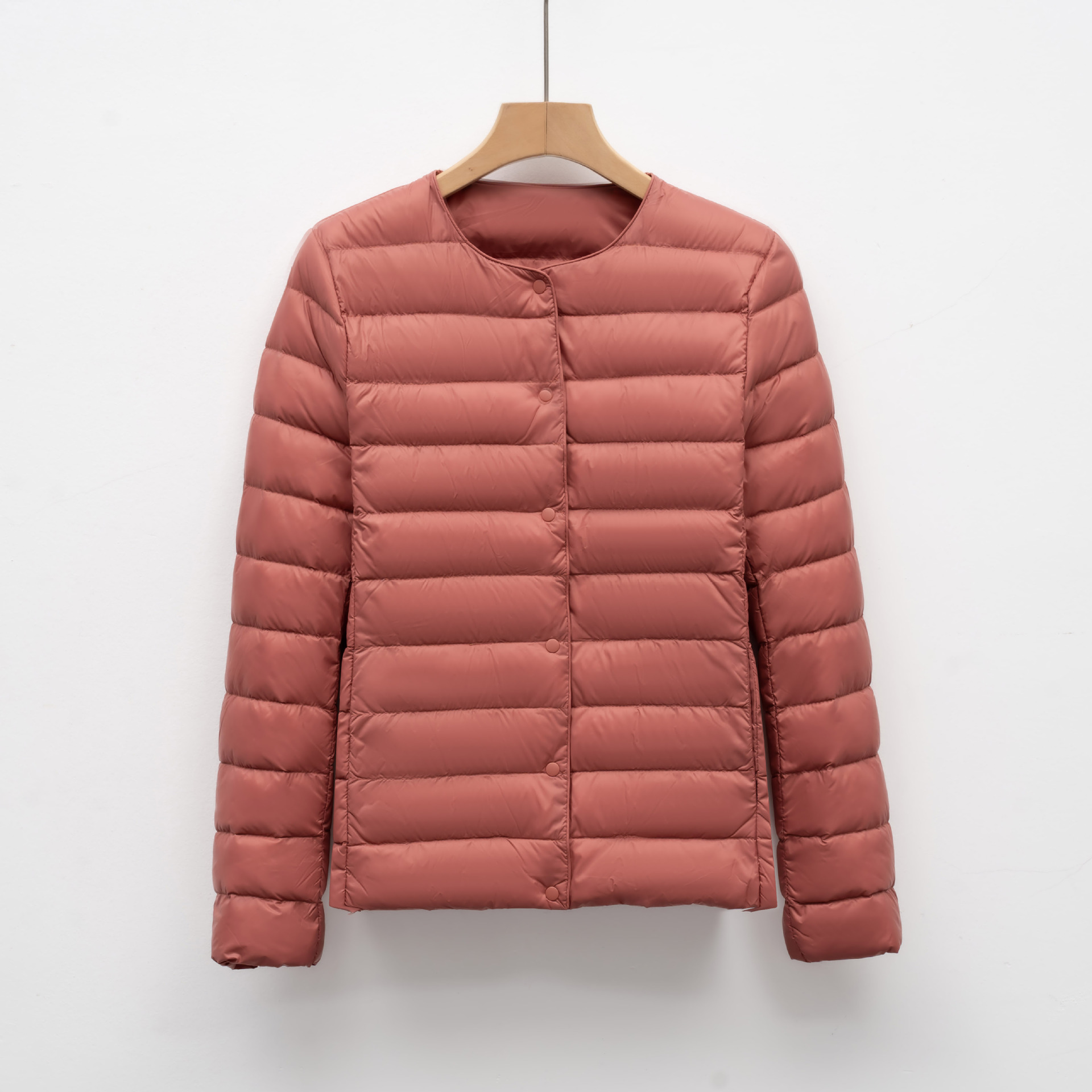 轻薄女短款圆领秋冬新款简约圆领保暖外套纯色长袖羽绒服内胆 嫣红色 XXXL