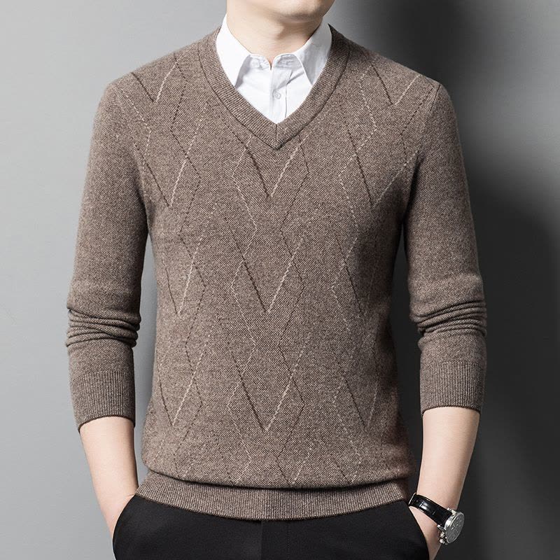加厚V领羊绒衫男士100纯羊毛绒春秋V领纯色双股加厚款中年鸡心领毛衣V领羊毛衫男2024秋季新款商务纯色高端针织毛衣图片