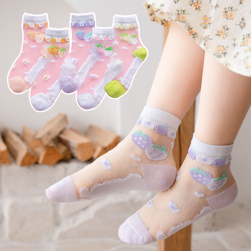 儿童水晶袜子春夏薄款女童纯棉冰丝袜中大童公主花边宝宝夏天小孩