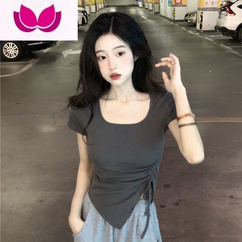 七斓时尚辣妹短款T恤女夏季2023新款修身抽绳不规则设计感短袖上衣潮