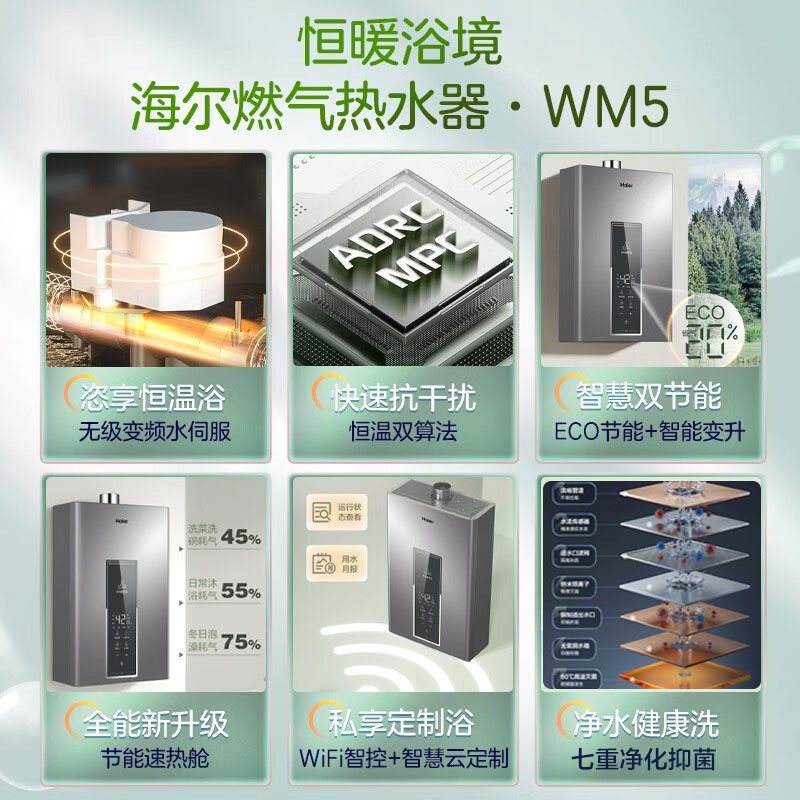 海尔(Haier)燃气热水器天然气增压变频水伺服恒温家用洗澡大水量多重安防健康洗APP智能13L [WM5]高清大图