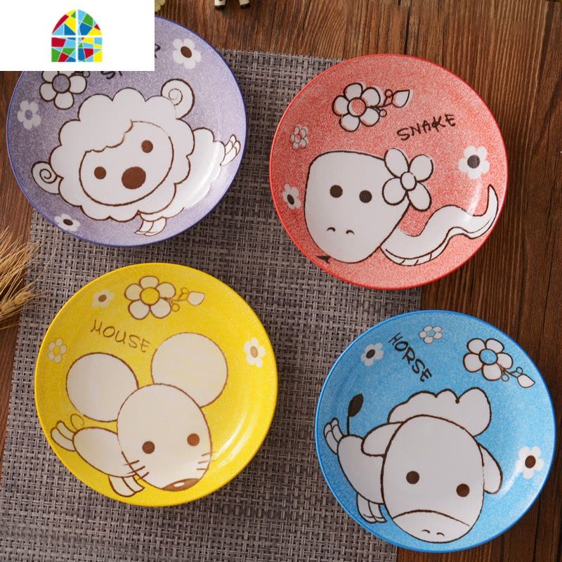 碗家用陶瓷饭碗日式餐具组合套装吃饭猫卡通碗盘碟子 FENGHOU 7吋盘子-生肖猪-2个图片