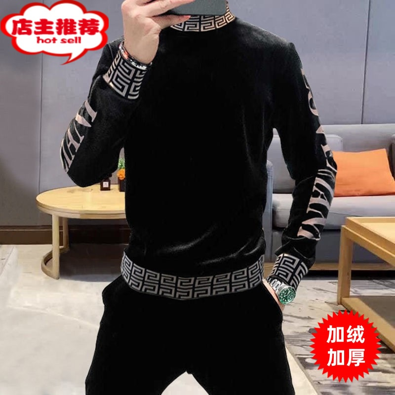 SHANCHAO欧洲站潮牌长袖T恤男装打底衫加绒加厚中高领卫衣2023新款