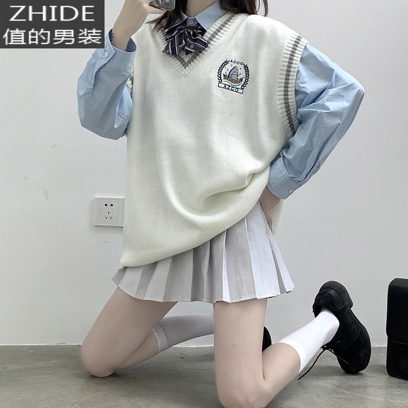 SUNTEKdk制服白色针织衫男情侣装秋装jk毛衣学院风森系坎肩背心马甲叠穿马甲/背心高清大图