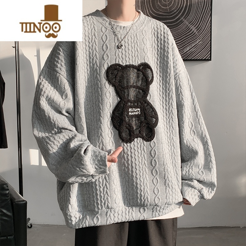 YANXU白色圆领卫衣男士小熊印花时尚长袖T恤宽松男款潮TT款X高清大图