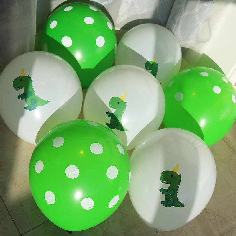 新品儿童卡通气球白色恐龙绿色波点生日主题装饰聚会背景墙布置球