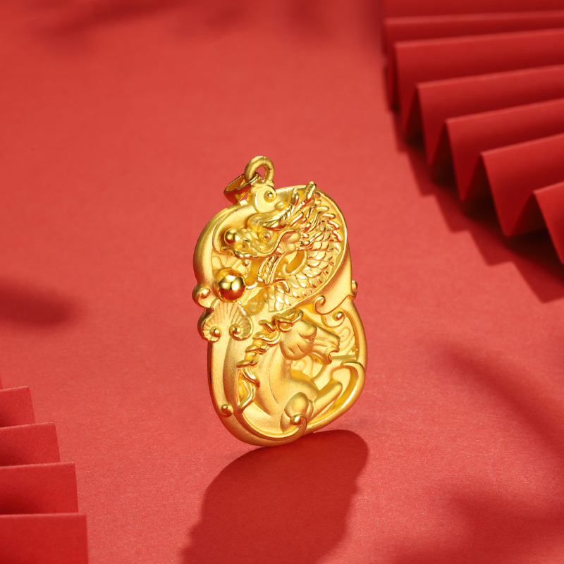 gzuan古钻珠宝龙马精神生肖牌男士霸气黄金吊坠项链足金礼物送男友yjd