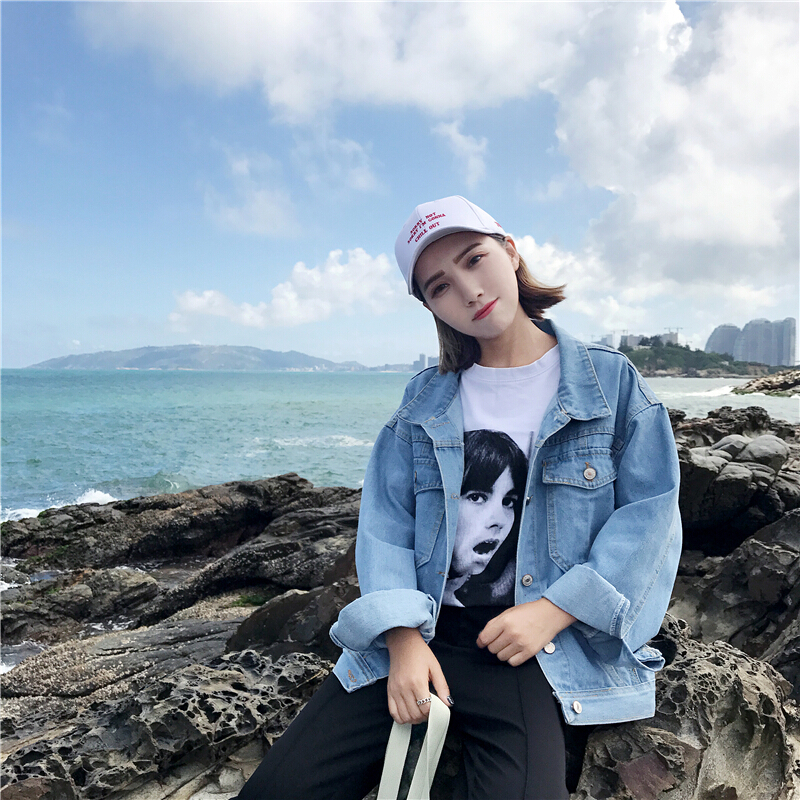 牛仔外套女宽松百搭2018春夏新款女装夹克外套女百搭小心机上衣潮浅蓝色