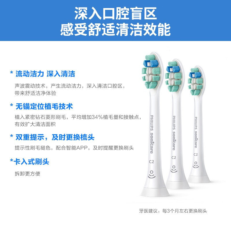 飞利浦(Philips) 电动牙刷头HX9023/67 牙菌斑防御型清洁刷头3支装 适配HX6730/HX6712等型号